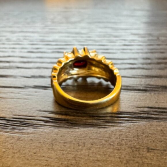 Gold Plated Ring with CZ and Dark Red Stone - Size 8 - Picture 3 of 6